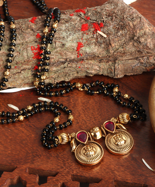 Antique Gold Lakshmi Mangalsutra with Ruby Accents