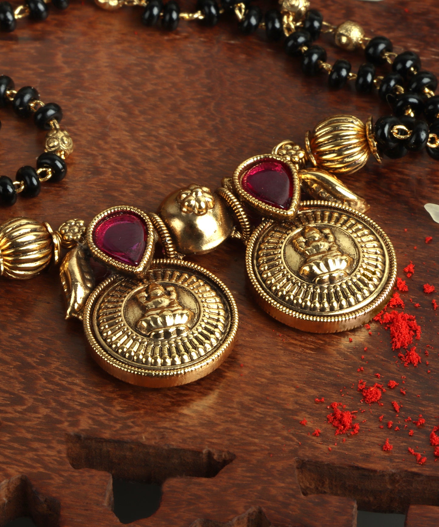 Antique Gold Lakshmi Mangalsutra with Ruby Accents