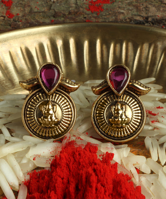 Antique Gold Lakshmi Stud Earrings with Ruby Detail