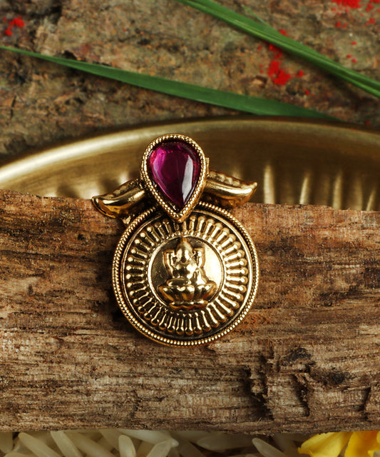 Antique Gold Lakshmi Stud Earrings with Ruby Detail