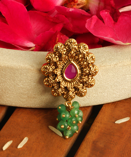 Antique Gold Stud Earrings with Ruby Stone & Emerald Hanging
