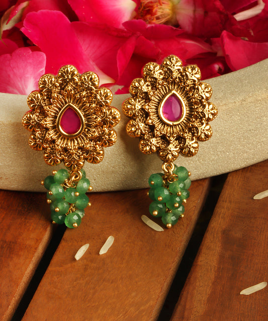 Antique Gold Stud Earrings with Ruby Stone & Emerald Hanging