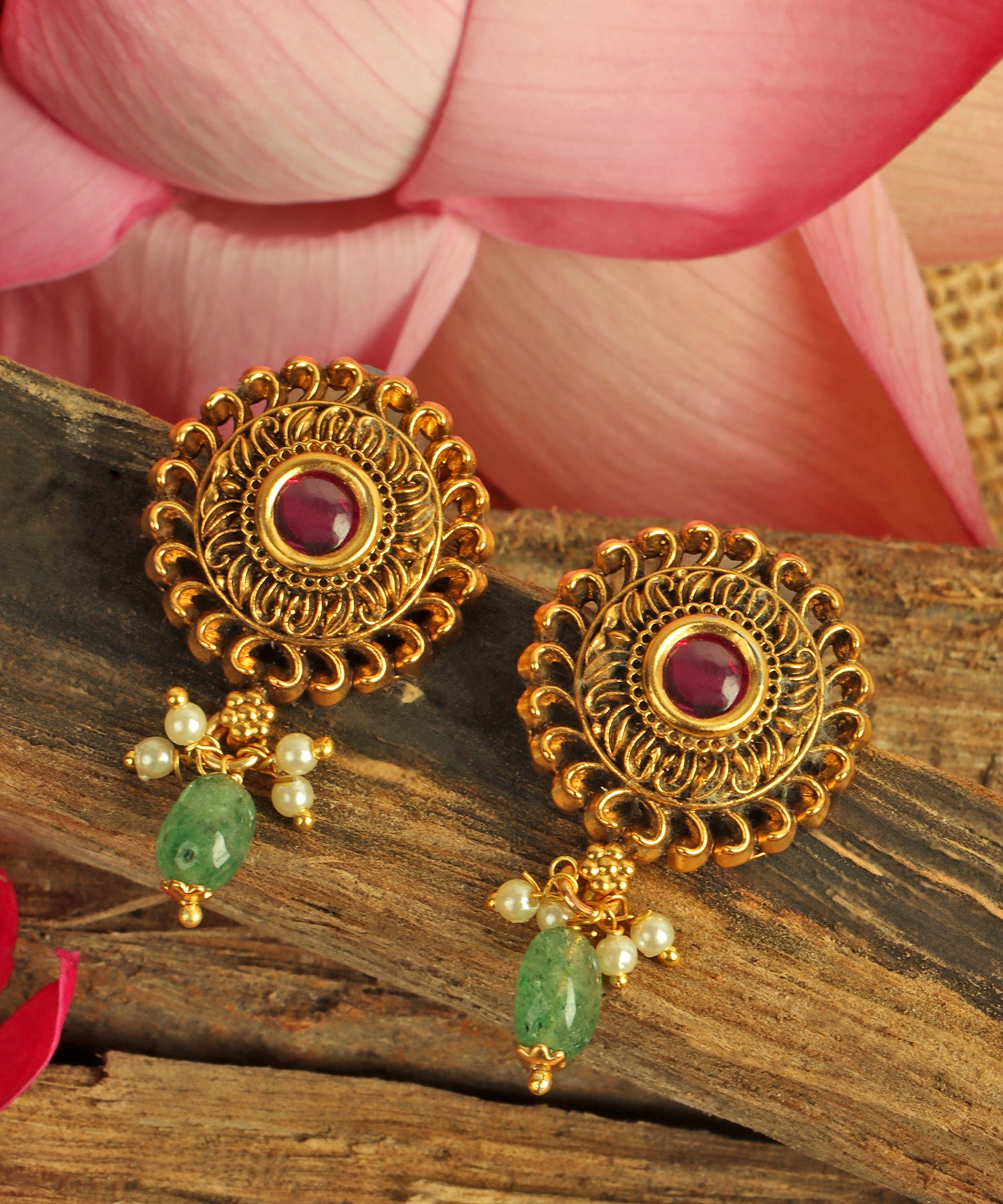 Antique Gold Filigree Earrings with Ruby & Emerald