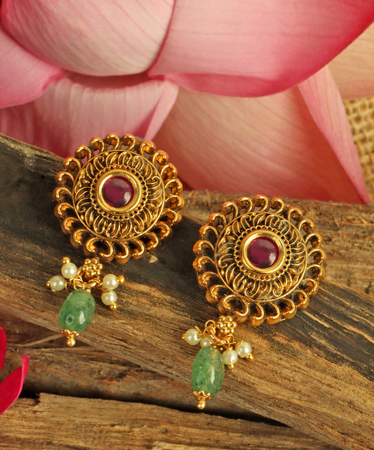 Antique Gold Filigree Earrings with Ruby & Emerald