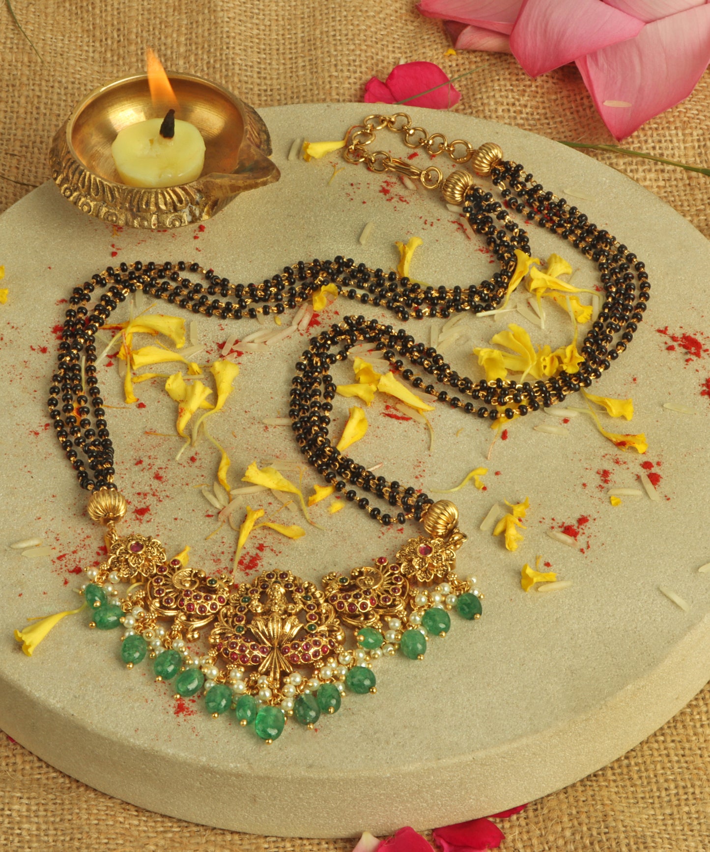 Mangal Sutra With Lakshmi Pendant And Emerald Danglers