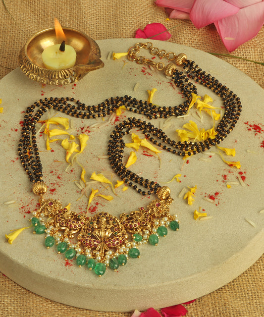Mangal Sutra With Lakshmi Pendant And Emerald Danglers