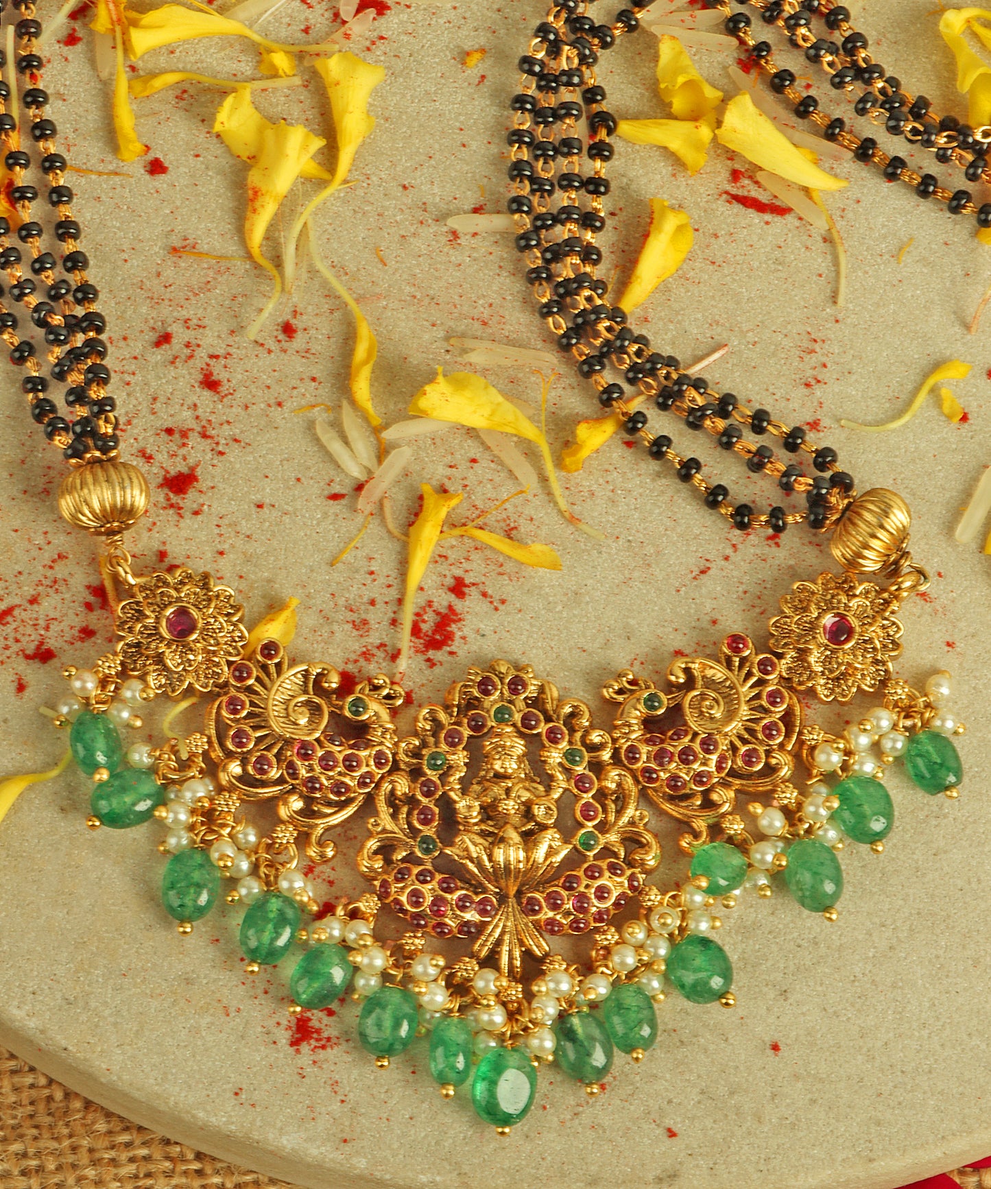 Mangal Sutra With Lakshmi Pendant And Emerald Danglers
