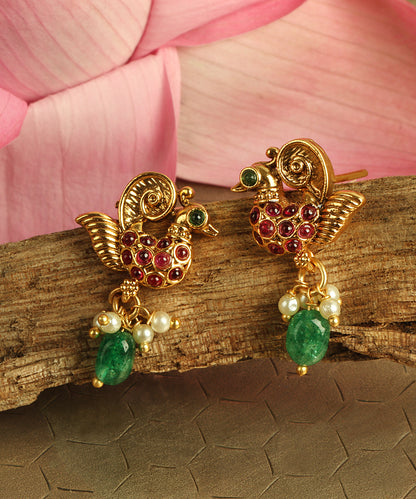 Bird Earrings With Pearl And Emeral Drop