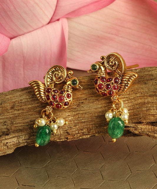 Bird Earrings With Pearl And Emeral Drop