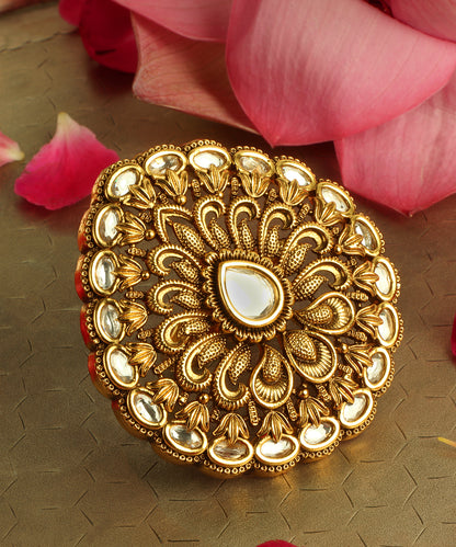Kundan Temple Jewellery Ring With Antique Gold Finish (Adjustable Design)