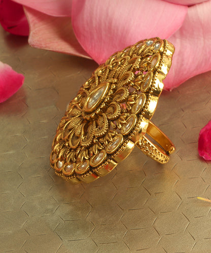 Kundan Temple Jewellery Ring With Antique Gold Finish (Adjustable Design)