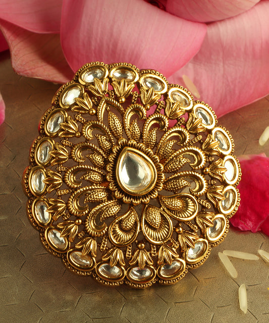Kundan Temple Jewellery Ring With Antique Gold Finish (Adjustable Design)
