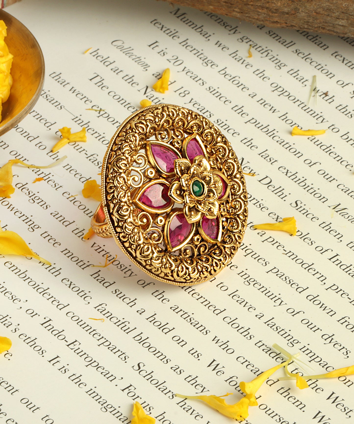 Antique Gold Floral Ring with Ruby & Emerald