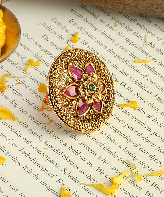 Antique Gold Floral Ring with Ruby & Emerald