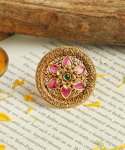 Antique Gold Floral Ring with Ruby & Emerald
