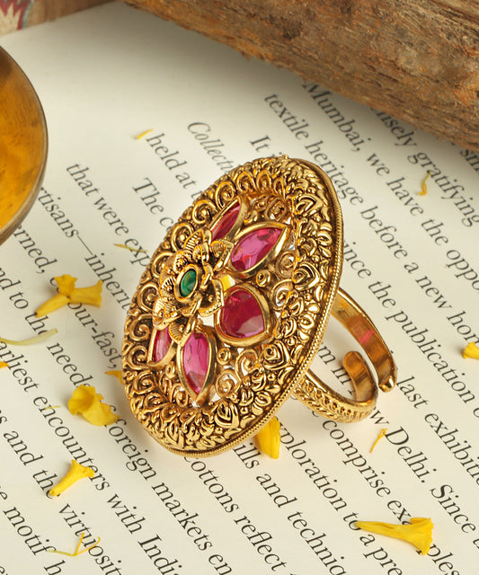 Antique Gold Floral Ring with Ruby & Emerald