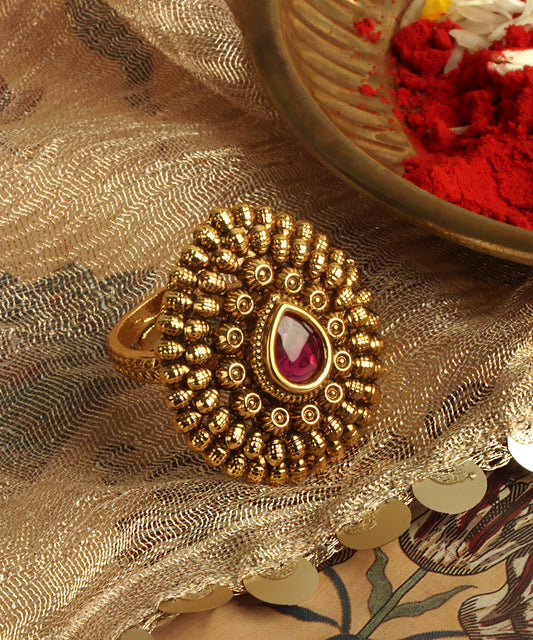Antique Gold Temple Ring with Ruby Center Stone