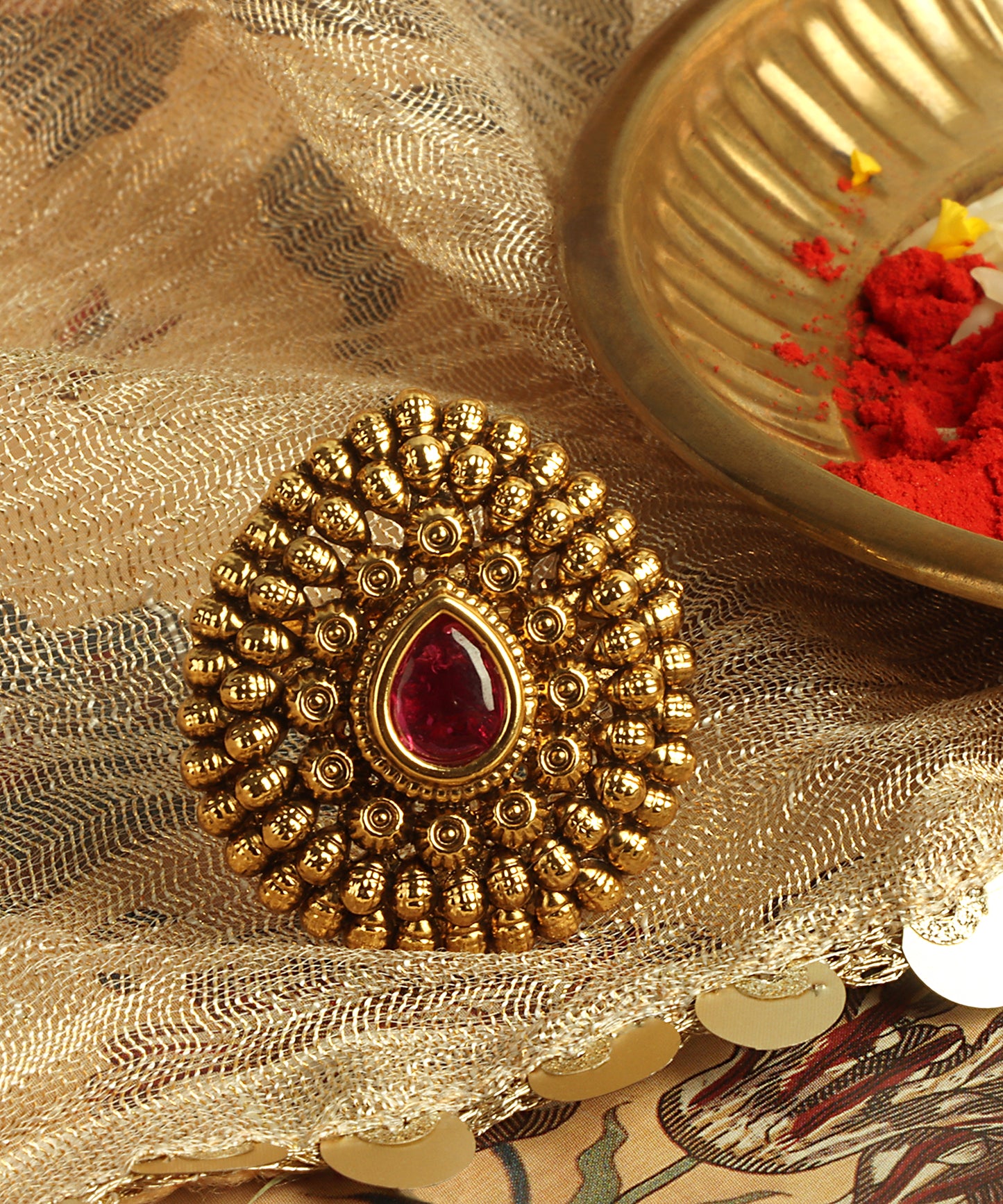 Antique Gold Temple Ring with Ruby Center Stone