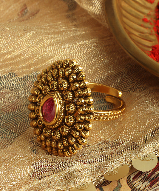 Antique Gold Temple Ring with Ruby Center Stone