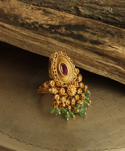 Gold Statement Ring With Emerald Danglers