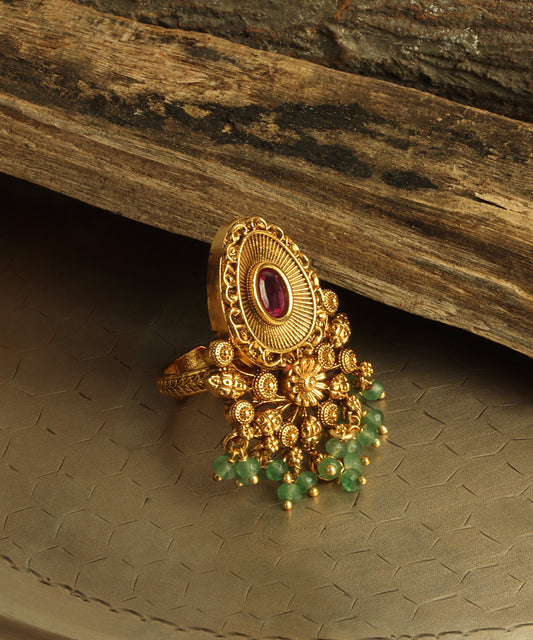 Gold Statement Ring With Emerald Danglers
