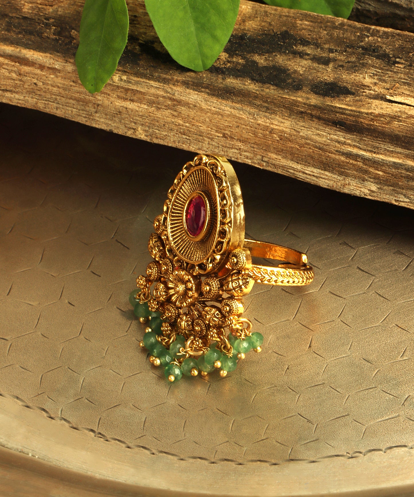 Gold Statement Ring With Emerald Danglers