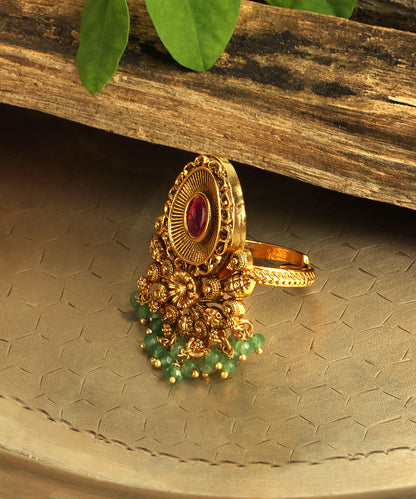 Gold Statement Ring With Emerald Danglers