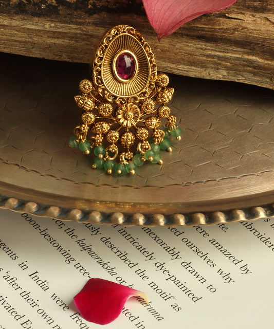 Gold Statement Ring With Emerald Danglers