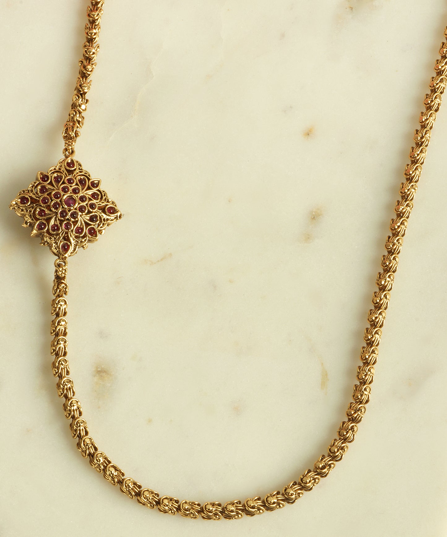 Antique Gold Dual-Side Necklace with Ruby & Emerald Brooche