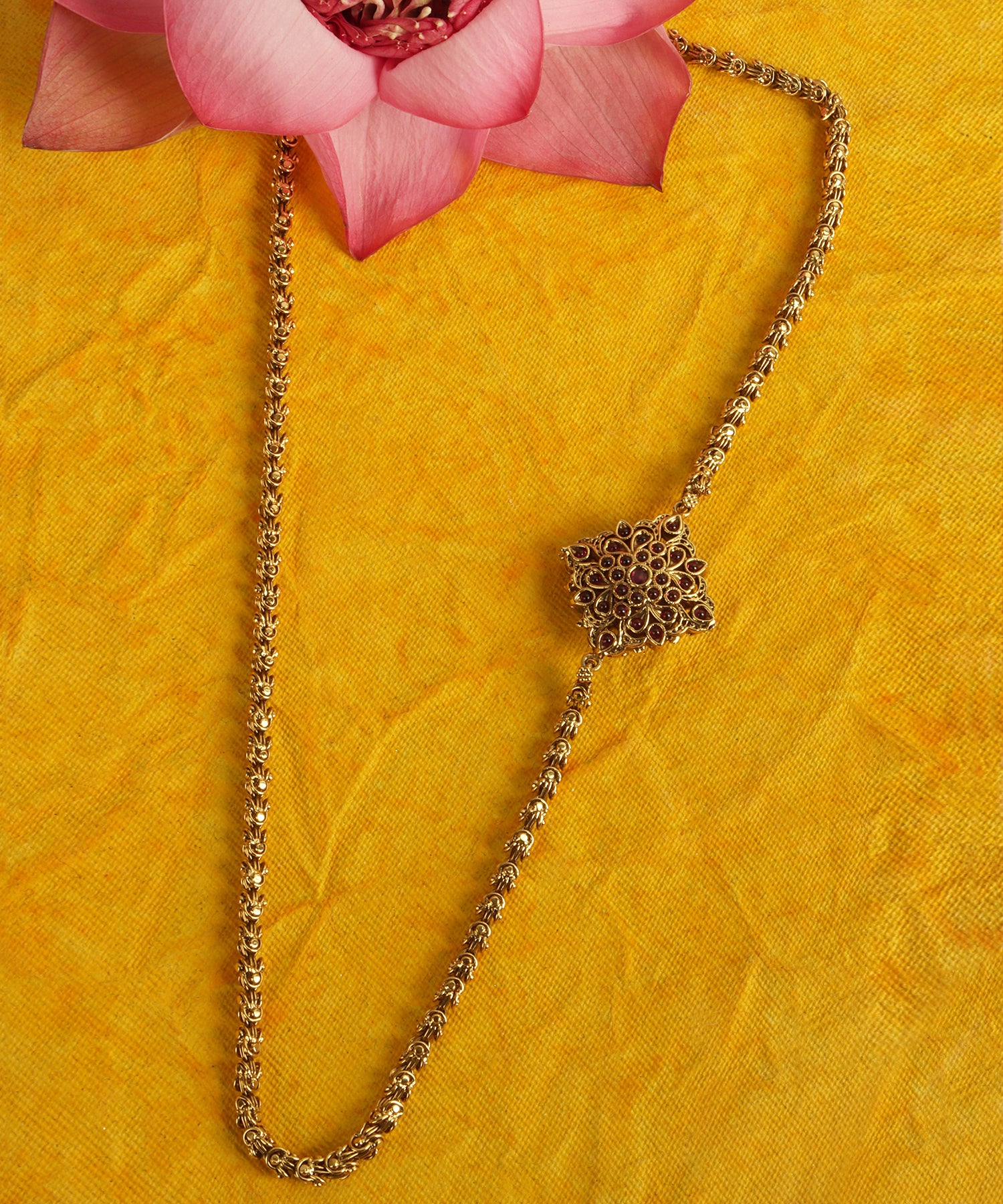 Antique Gold Dual-Side Necklace with Ruby & Emerald Brooche
