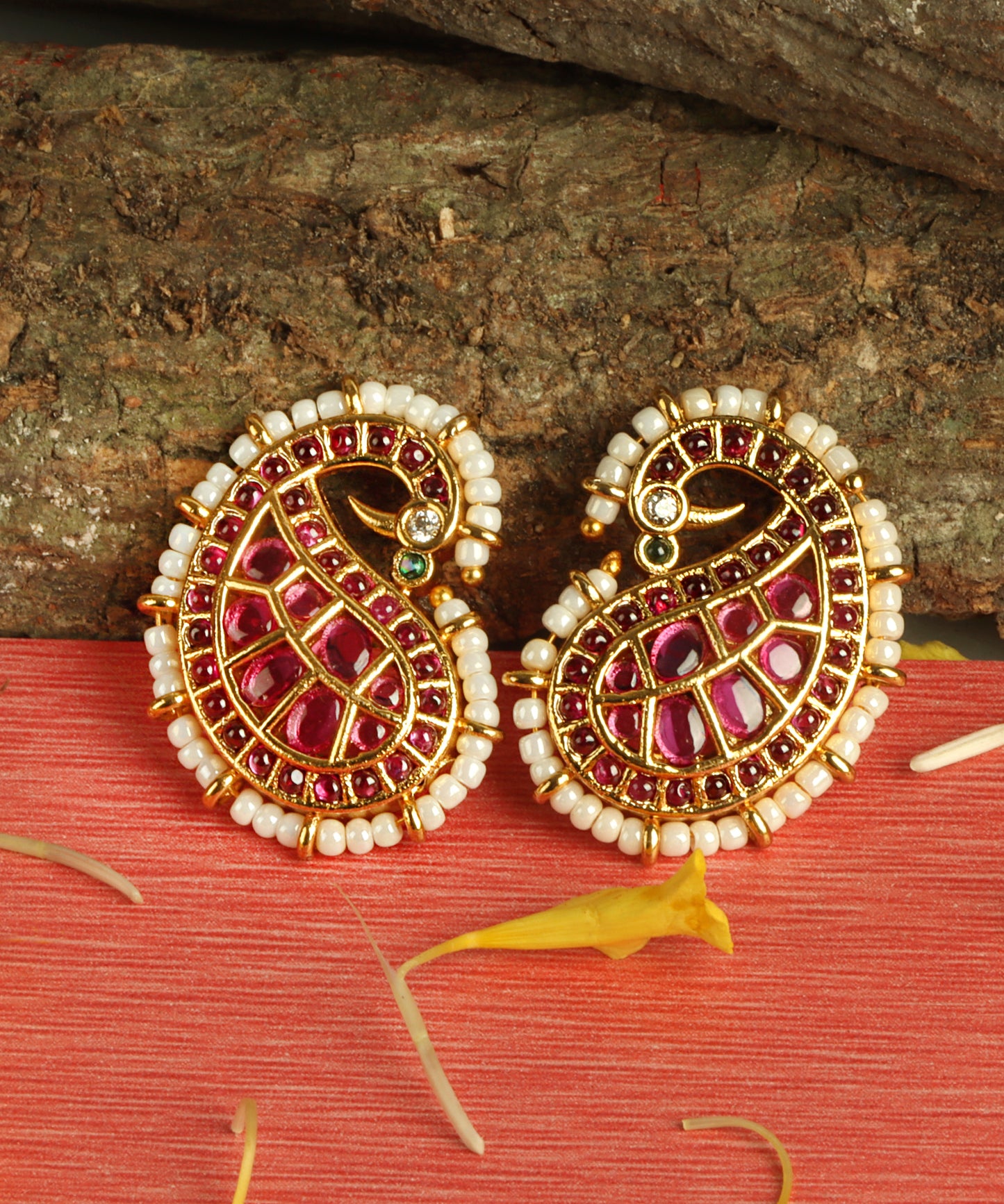 Rajwada Style Ruby Pearl Paisley Earrings