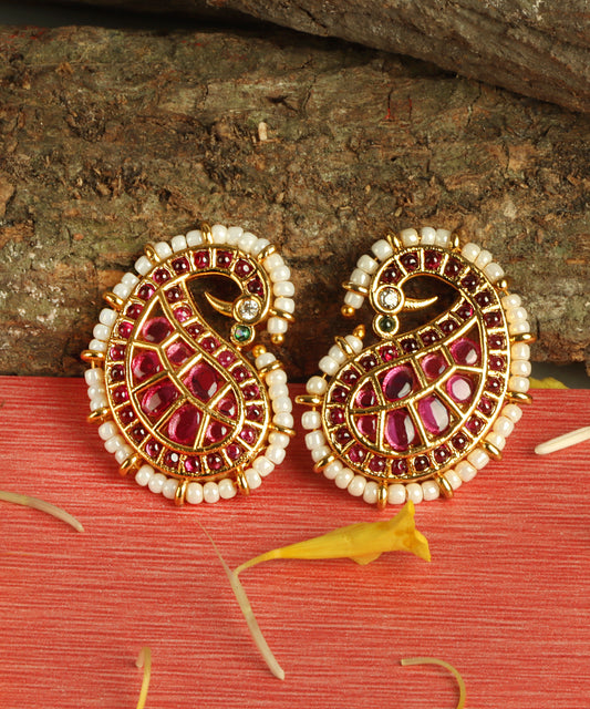 Rajwada Style Ruby Pearl Paisley Earrings