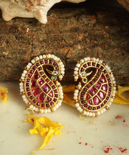 Rajwada Style Ruby Pearl Paisley Earrings