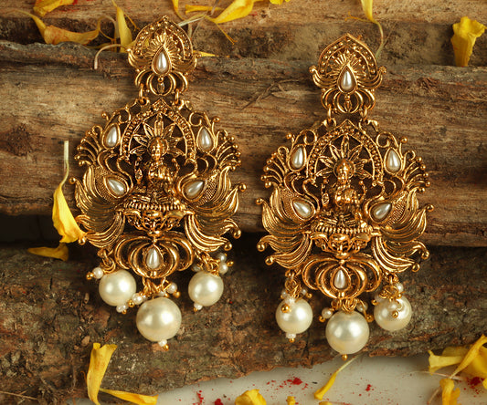 Heritage Lakshmi Temple Earrings – Gold Finish and Pearls