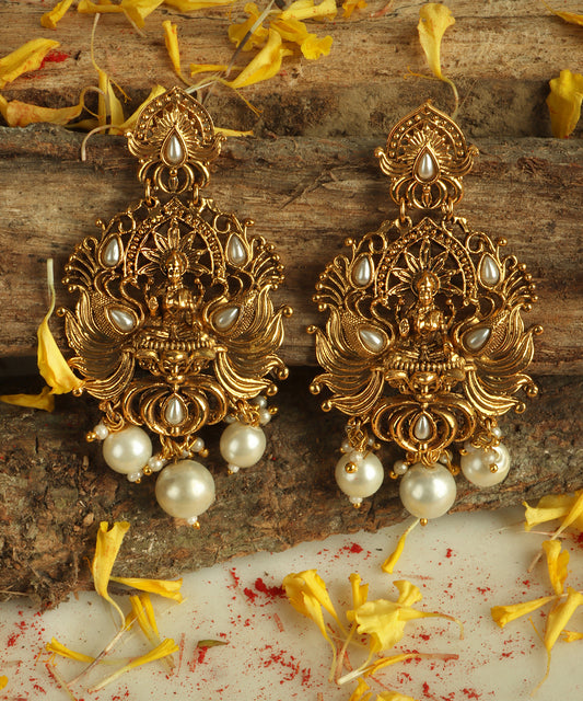 Heritage Lakshmi Temple Earrings – Gold Finish and Pearls