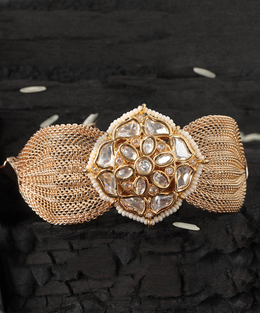 Gold Polki & Pearl Floral Mesh Bracelet