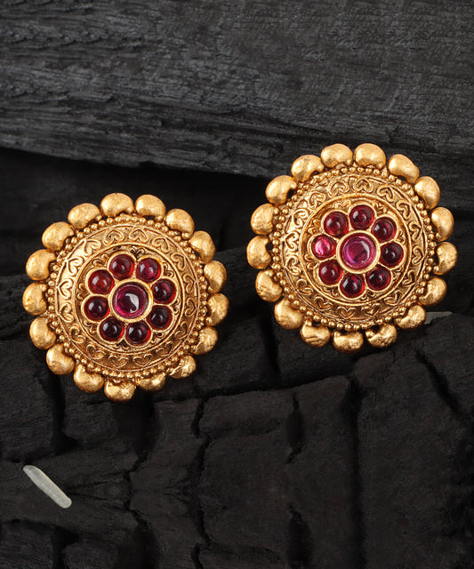 Round Gold Earrings with Ruby Stones
