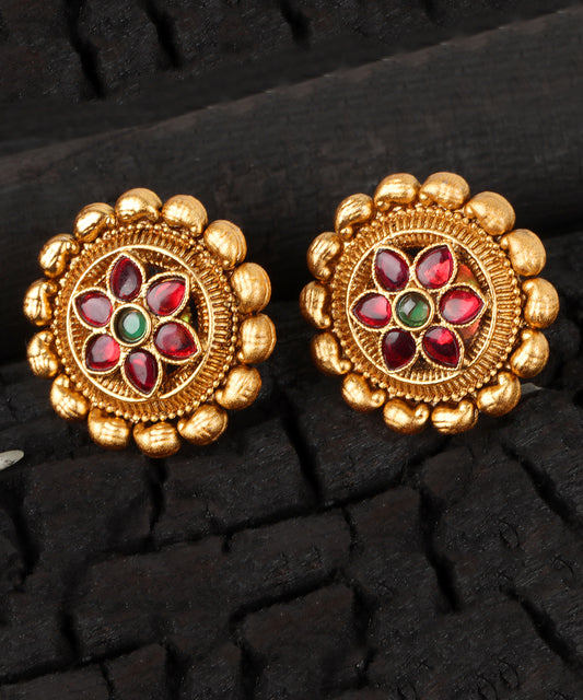 Floral Round Gold Studs with Ruby & Emerald