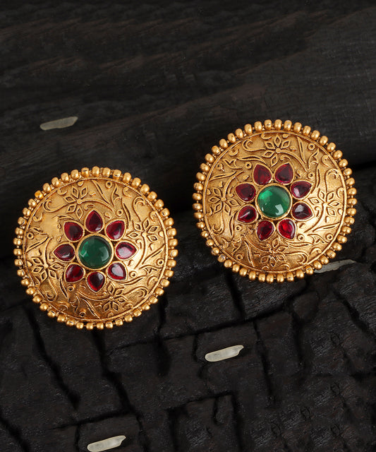 Round Gold Stud Earrings with Emerald & Ruby Floral Motif