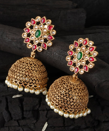 Floral Jhumka Earrings in Gold with Pearls, Rubies & Emerald