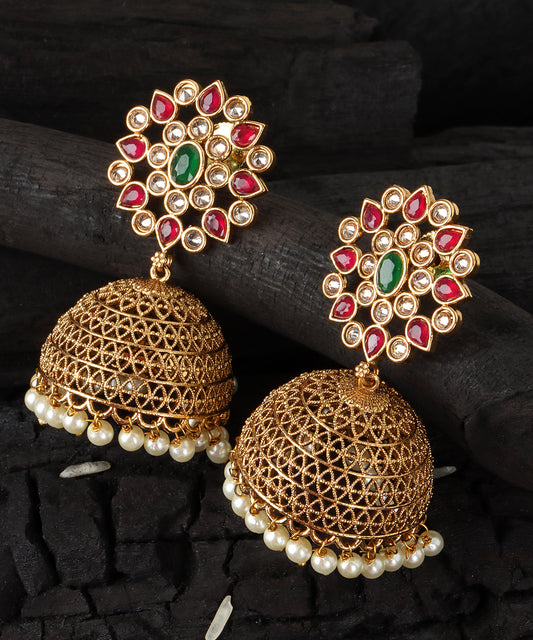 Floral Jhumka Earrings in Gold with Pearls, Rubies & Emerald