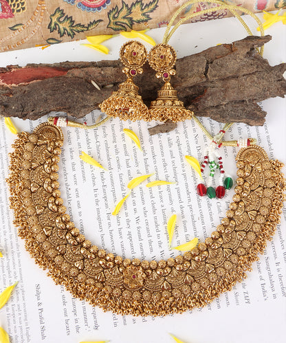 Traditional Gold Choker Necklace with Matching Jhumka Earrings – Floral Motif