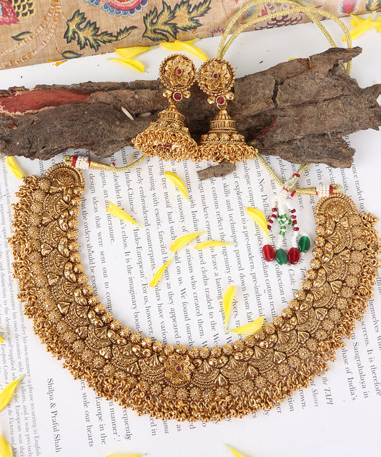 Traditional Gold Choker Necklace with Matching Jhumka Earrings – Floral Motif