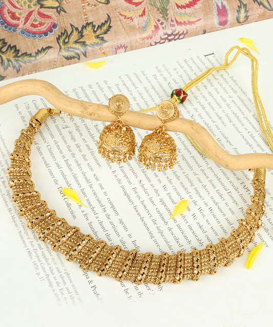 Traditional Gold Choker Necklace with Jhumka Earrings