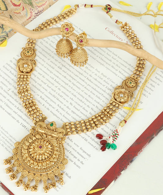 Traditional Round Temple Design Gold Necklace with Jhumka Earrings