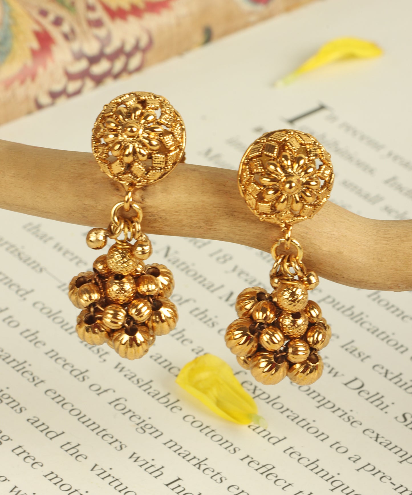 Floral Cluster Gold Drop Earrings