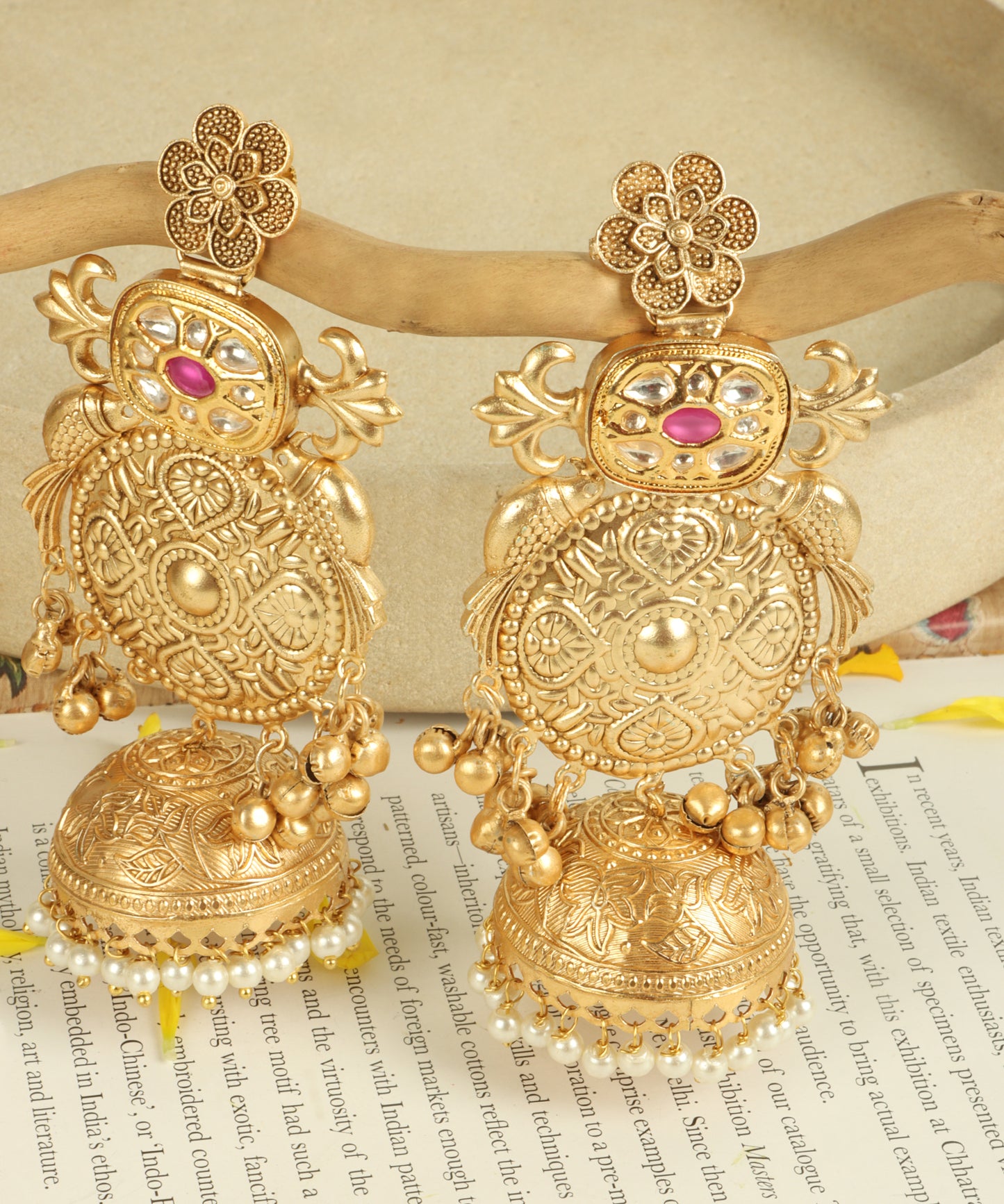 Floral Round Gold Jhumka Earrings with Ruby & Pearl Detailing