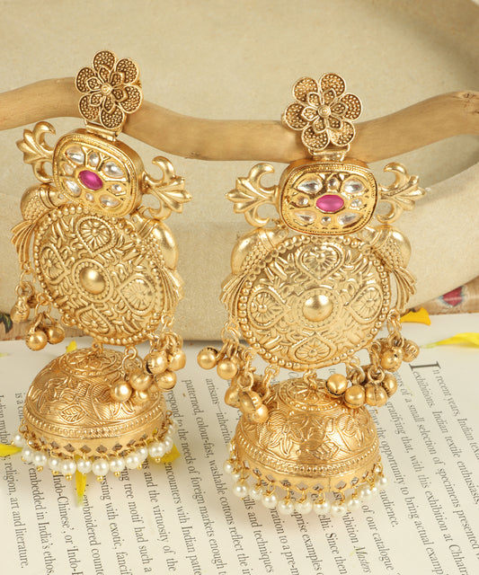 Floral Round Gold Jhumka Earrings with Ruby & Pearl Detailing