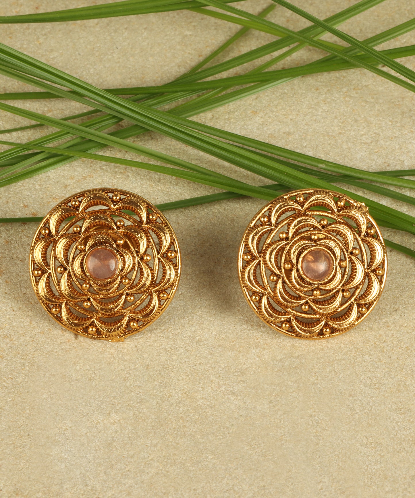 Gold Round Floral Stud Earrings