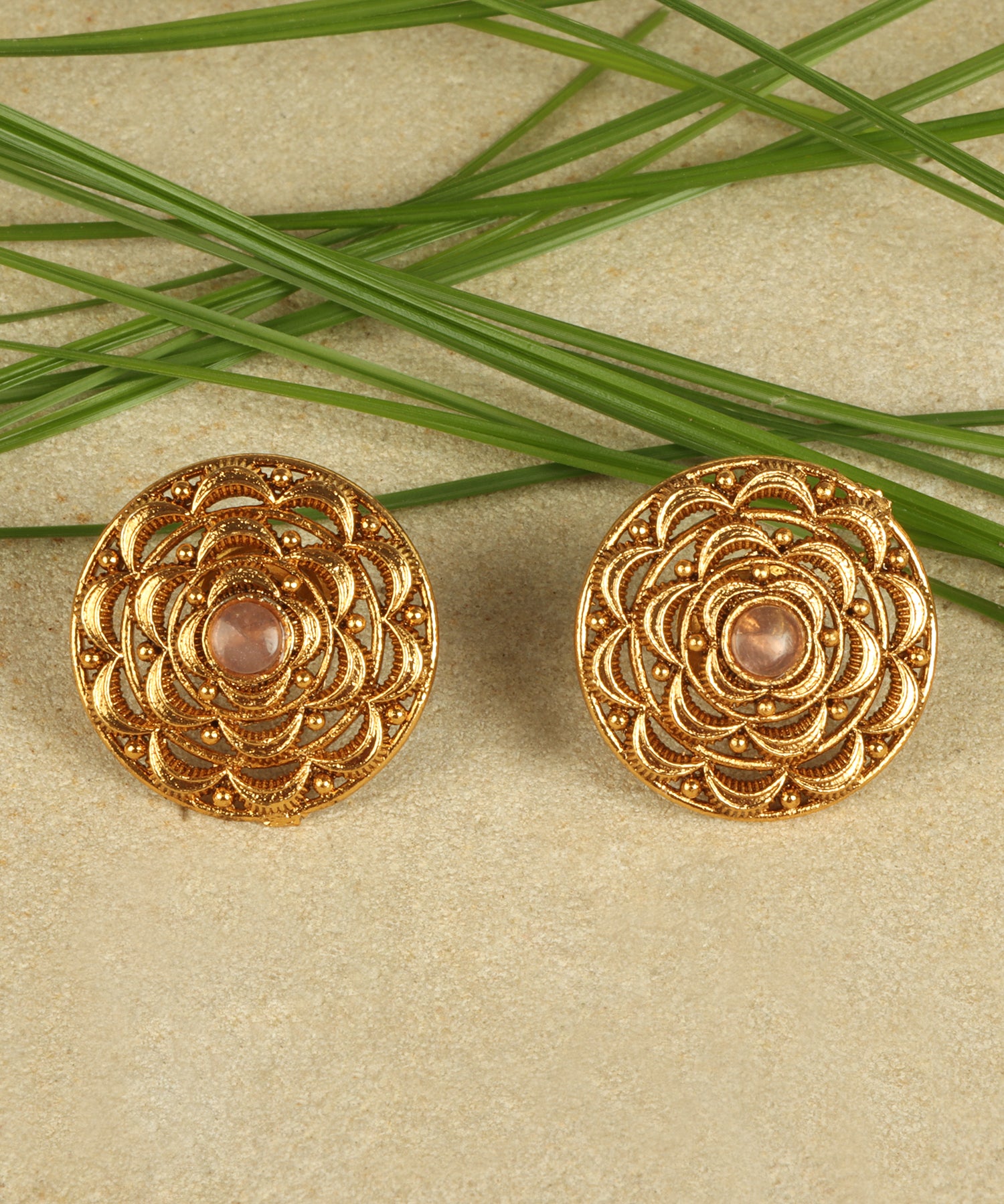 Gold Round Floral Stud Earrings